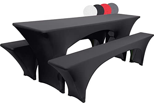 Beautissu Edles Stretchhussen Set 3tlg. Victoria - Elastische Hussen für Bierzeltgarnitur 220x70 cm – Festliche Husse Biertisch + 2 Bierbank - Bierzeltgarnitur Hussen in Schwarz