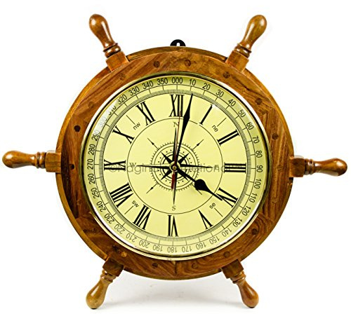 Nagina International 18 Nautical Hand Crafted Premium Ship Wheel Clock with Directional Pirate's Compass Dial Face | Home Decor Wall Clock Nursery Gifts & Collectibles
