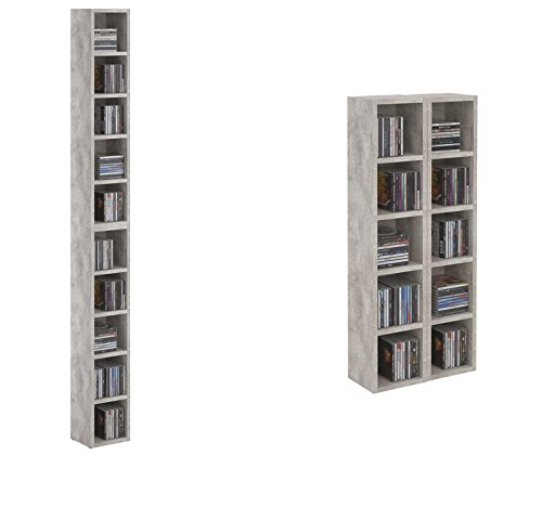 CARO-Möbel CD DVD Blueray Regal Chart in Betonoptik – Zweiteiliges Medienregal, Aufbewahrung, CD-Ständer mit 10 Fächern für bis zu 160 CDs, 20x187 cm (B x H)