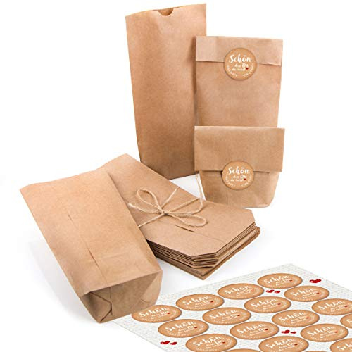 Logbuch-Verlag 24 Papiertüten braun 10,7 x 22 x 4,2 cm + 24 Sticker Schön dass du da warst - Kraftpapier Verpackung Gastgeschenk Mitgebsel