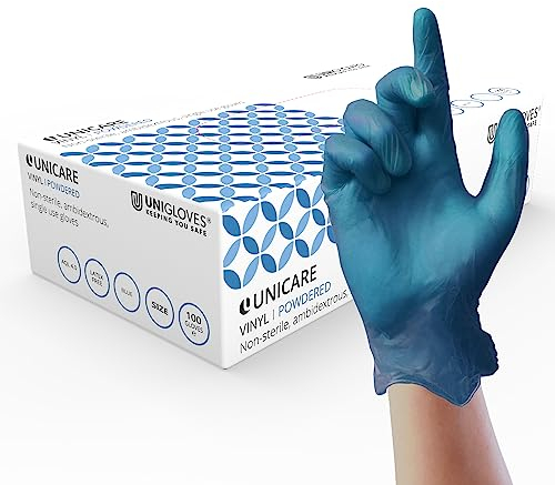 Unigloves Unicare Blue Vinyl Single Use Gloves - Multipurpose, Lightly Powdered, Latex Free, Disposable Gloves - Box of 100 Gloves, Blue, Small (GS0092)