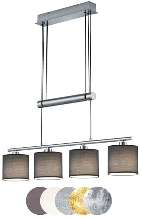 lightling modern Pendelleuchte Marita 4-flammig nickel matt Metall, Stoffschirm grau, höhenverstellbar, exkl. 4 x E14 max. 28W, Höhe 95-150 cm, Breite 77 cm