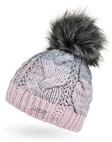 Neverless® Damen Strick-Mütze gefüttert Fleece-Innenfutter Fell-Bommel Kunstfell Winter-Mütze Bommelmütze Zopfmuster Mehrfarbig rosa-grau