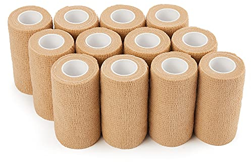 PHYTOP Selbsthaftende Bandage 10 cm x 4,5 m, 12 Rollen Fixierbinde Selbsthaftend – Sportverband für Sportunterstützung, Haustierverband (Hundeverband, Pferdeverband) (Beige)
