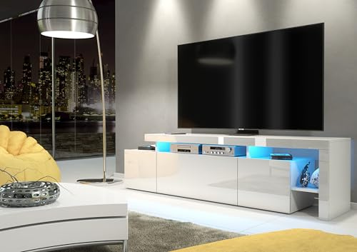 Furneo White TV Stand 186cm Unit Matt & High Gloss Indisio01 Blue LED Lights