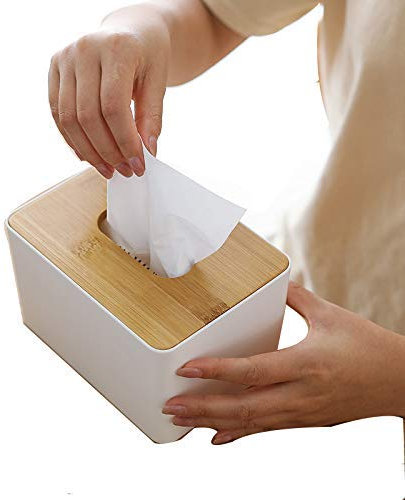 MiXXAR Caja de pañuelos cosméticos, caja de pañuelos, dispensador de pañuelos, caja de pañuelos de madera, blanco, rectangular, tapa de bellota, caja de pañuelos para el hogar, oficina, coche,