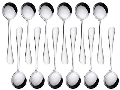 Round Latte Spoons Set of 12 Stainless Steel 5.24x1.38in Metal Latte Spoons Set QQ CAT Cafe Spoon Ideal for Turkish Espresso Hot Chocolate Coco Drinking Dessert Cake & Ice Cream Sundae(R#4)