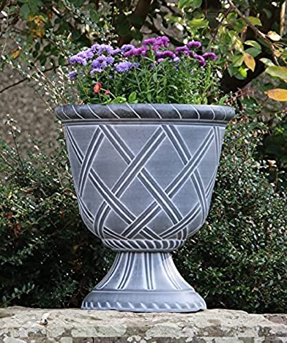 SG Traders Large Urn Plant Pot Stand, Outdoor Garden Planters, Flower Pots Indoor, Tall Planter with Drainage Holes Strong Plastic Black with White Plant pots Outdoor Large Planters Urns D43 x H49cm