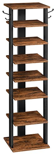 HOOBRO 8 Tiers Vertical Shoe Rack, Wooden Shoe Storage Organizer with Hooks, Narrow Shoe Tower for 8 Pairs, Space Saving, for Entryway, Living Room, Bedroom, Rustic Brown BF07XJ01G1