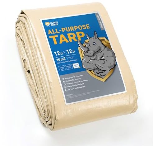 GUARD SHIELD Beige Tarp Heavy Duty Waterproof 12x12 Feet Outdoor Poly Tarps Cover Square Thick UV Resistant Canopy Tarpaulin with Grommets 10mil
