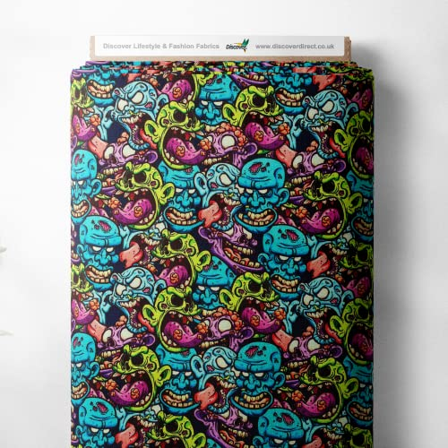 100 % Baumwolle, Halloween, gruselig, bedruckt, für Quilten, Handwerk, Kleid, hochwertiges Nähmaterial, 140 cm breit (Meterware, Zombieland)