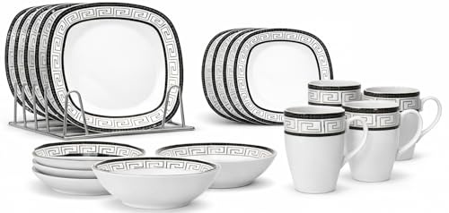 Royal 16-Piece Square Porcelain Dinner Set for 4– 4 Dinner Plates and Bowls Set with 4 Side Plates & Mugs, Dishwasher Safe, Highly Resistant Dinnerware, Kitchen & Dining - Aztec Gold Design