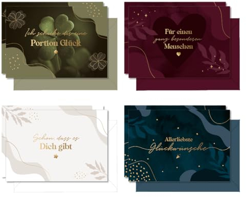 LEBENSKOMPASS 8er Grußkarten Set Blanko mit Goldprägung, 4 unterschiedliche Kartendesigns, 16-Teilig (8 Klappkarten + 8 Umschläge), Für Jeden Anlass, A6 Karten mit Umschlag in Hardcoverbox