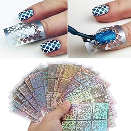 24 Sheet 144Pcs Nail Stickers: DIY Nail Art Stamping Template - 72 Designs, Irregular Grid, Reusable Hollow Nail Stickers (Assorted Colors)