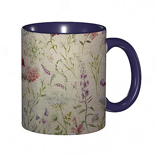 Tasse Keramik Blume,Aquarell Blumen zarte Wildblumen rosa Rainfarn Stiefmütterchen Rittersporn Kaffeetassen Große 330ml Mit Henkel 100% Handbemalt Trinkgläser Mit Griff Personalisierte Geschenk