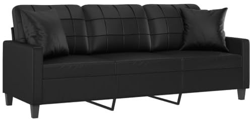 vidaXL Sofá de 3 Plazas con Cojines, Asiento con Respaldo Reposabrazos, Sofá Tapizado de Televisión, Asiento para Salón, Cuero Sintético Negro