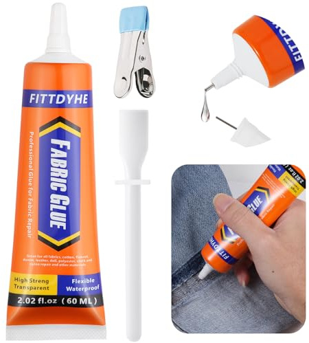 Fabric Glue Permanent, 60 ML Washable Clear Clothing Glue, Super Fabric Glue for Rhinestones, Patches, Clothes, Denim, Leather, Polyester, Fabrics, Doll Repair, Flannel, Cotton