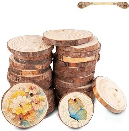 30 Stücke Holzscheiben Holz Log Scheiben, 4-5 cm Naturholz Baumscheiben mit Loch Unvollendete Holzkreise, Ca.5mm Dicke für DIY Handwerk, Mittelstücke, Hochzeit, Deko, Kerzenständer