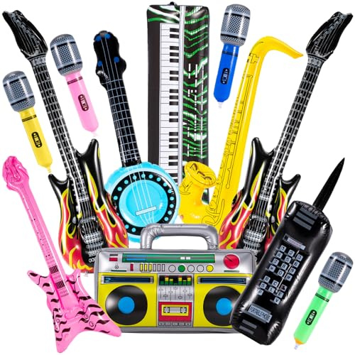 PLMMOUT 12 Pcs Inflatable Instruments,Inflatable Rock Star Toy Set,Inflatable Guitar,Blow up Guitar Inflatable Saxophone Inflatable Microphones Bass Lute Boombox Phone Piano,80s 90s Party Decorations
