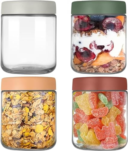 KAHEIGN 4 st burkar över natten havre, 500 ml glasburk med bred mun över natten havre murare behållare med läckagesäkert skruvlock för matförvaring, torrmat, mellanmål, godis, bönor (4 färger)
