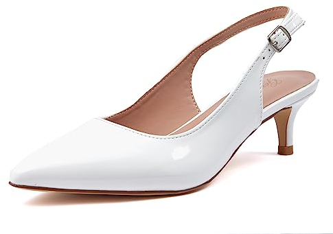 GENSHUO Slingback pumps för kvinnor eleganta kattunge klackar skor 5 cm/1,97 tum spets lack höga klackar med stängda tår klackskor för kväll bröllop kontor, 36–42, Vitt lackläder, 39 EU