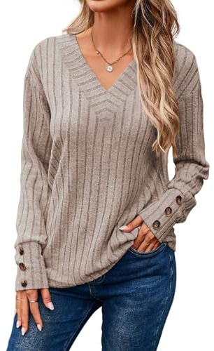 Dokotoo Blouses for Women Dressy Casual V Neck Knit Long Sleeve Shirts for Women Soft Elastic Womens Blouses Solid Button Detail Fall Sweaters Fall Clothes 2025 Winter Clothing Parchment M