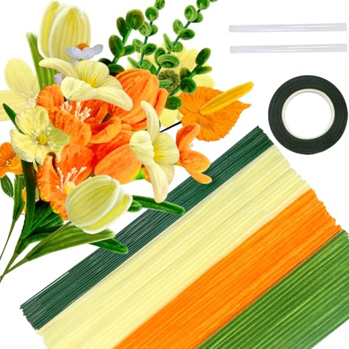 TOAOB 200 Stück Pfeifenputzer zum Basteln 3 Farben Blumen Set | mit Blumendraht und Blumenband, Pipe Cleaner Basteln Set, 6 mm x 30 cm, für DIY Handwerks