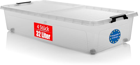 BigDean 4 Stück Unterbett Aufbewahrungsbox 32 L luftdicht & mit Rollen aus widerstandsfähigem Kunststoff – Unterbettkommode für Kleidung, Spielzeug u.v.m – Aufbewahrungsbox Made in Europe