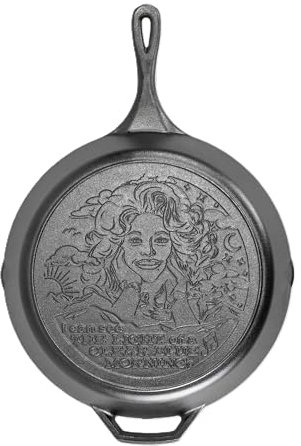 Lodge 13.25 Inch Dolly Parton Pre-Seasoned Cast Iron Stamped Skillet - Signature Teardrop Handle - Use in The Oven, on The Stove, on The Grill, or Over a Campfire - Clear Blue Morning
