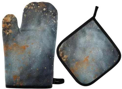 Schwarze und goldene Marmor-Textur-Handschuhe und Topflappen, wärmeisolierte Topflappen, Handschuhe, Küche, 2 Stück, Ofenhandschuhe für Grill, Küche, BBQ