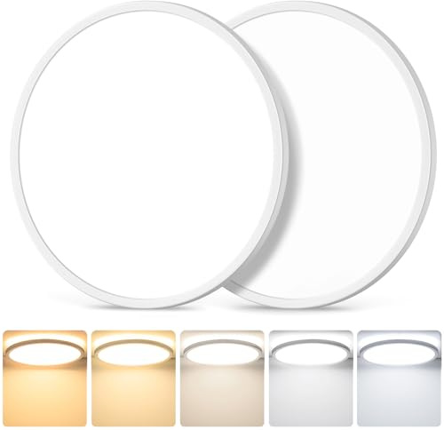 12 Inch 3200LM Dimmable LED Flush Mount Ceiling Lights, 2-Pack 24W Ceiling Light Fixtures, 2700K/3000K/4000K/5000K/6500K 5 Color in One, Ultra Thin White Round Lamps for Kitchen, Bedroom, Hallway
