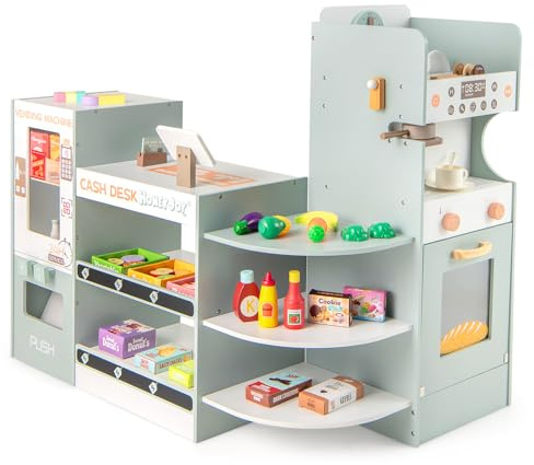 DREAMADE Kaufladen Kinder, Kaufmansladen Holz mit realistischer Kasse & Verkaufsautomat, Spiel-Supermarkt mit Zubehör & Kaffeemaschine, Verkaufsstand Spielzeug Set für Kinder ab 3 Jahren (Grau+Weiß)