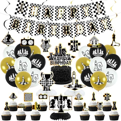 Obussgar Decoraciones y accesorios para fiestas de ajedrez: pancartas, espirales, tartas, mesas, globos