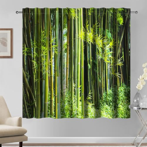 Kzzfqxb 132×214cm Bambuswald Gardinen 2 Panel, Natürliche Landschaft Grüner Bambus Gerader Schlanker Hoher Stamm und Blatt Vorhängegardinen für Wohnzimmer Schlafzimmer