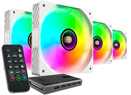 Mars Gaming MF-SI4KIT, Kit de 4 Ventilateurs Ultra-Silencieux 120mm, Éclairage ARGB Miroir Infini, Roulements FDB et Noyau en Cuivre, Télécommande et HUB, Compatibilité Totale ARGB, Blanc