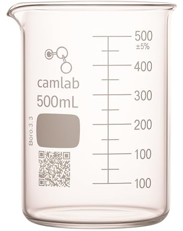 Camlab Graduated 3,3 Borosilicate Glass Low Form Beaker, With Spout, Griffin Beaker, Chemically Resistant and Heat Resistant, 500ml Glass Beaker, Pack of 1