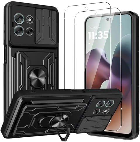 CONAPIKA Cover per Motorola Moto G56 con 2 Vetro Temperato, Rigida Antiurto Cover Magnetica Kickstand Protezione Fotocamera Slot per Schede Militare Resistente Robusta Custodie Protettiva,Nero