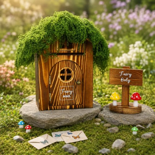 JULEASEL Woodland Fairy Mailbox w/Fake Moss Roof, Magical Wooden Mail Box