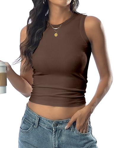 DUOEASE Top Donna Slim Fit Basic Canotta Donna Senza Maniche Girocollo Canottiera Elegante a Coste Crop Top(Marrone,M)