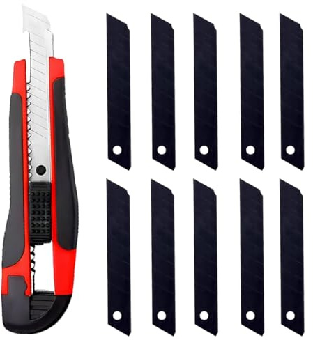 GNALIA Stanley : 1 Cutter + 10 Lames De Rechange Professionnel. Longueur 16Cm. Manche Tpr/Pp. Couleurs : Corps Rouge Lame Noire. Pour Carton Et Bricolage.