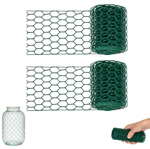 Chicken Wire Mesh Roll,2 rolls 0.1 Metre by 3 Metre Garden Mesh, Heavy Duty Wire Netting for Plant Support and Garden Protection, Flexible Green Woven Wire Mesh for Fencing and Craft Projects