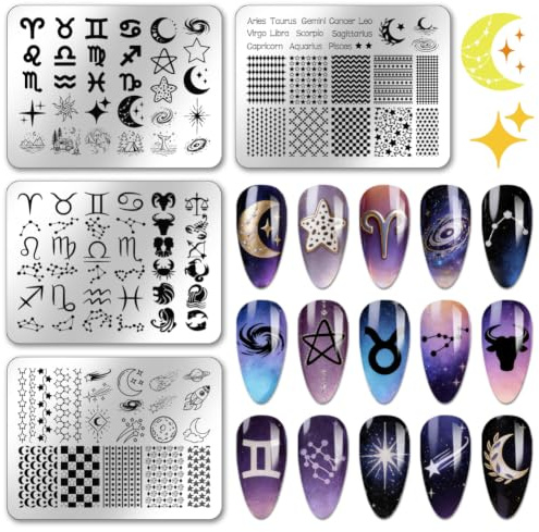 PH PandaHall 4pcs Plaques de Stamping pour Ongles 12 Signes du Zodiaque Pochoirs pour Nail Art Constellation Gabarits Étoile Lune Plaque d'Image pour Ongles Planètes Impression Cosmique