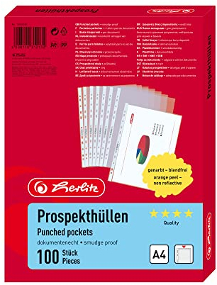 Herlitz 10840320 Prospekthülle A4 genarbt, Premium je 100 im Beutel, dokumentenecht (Prospekthülle A4 genarbt | Premium, 100 Stück)