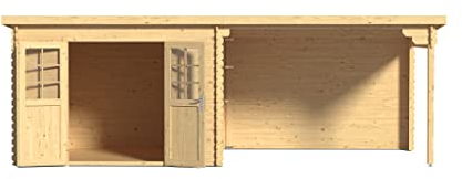Woodtex Holz Gartenhaus Blockbohlenhaus CA2977 | Wandstärke 28 mm | Naturbelassen | Pultdach | Mit 3 m Anbau | B x T x H: 596 x 298 x 204 cm | Doppeltür Mit Echtglas