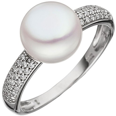 Ring Damenring mit SüÃŸwasser Perle & Zirkonia 333 Gold WeiÃŸgold Perlenring Damen, RinggröÃŸe:Innenumfang 58mm ~ Ã˜18.5mm