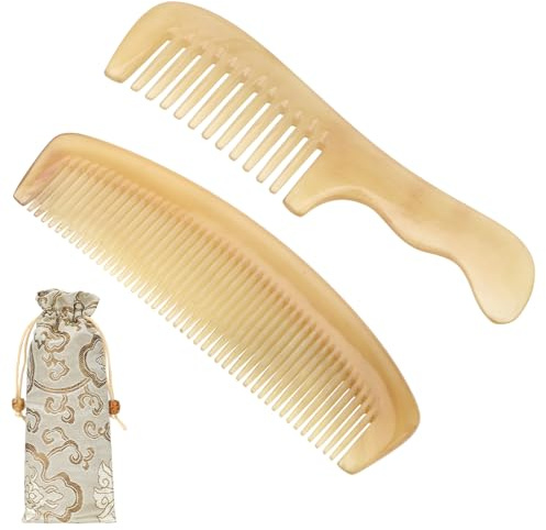 kilofly Genuine No Static Natural Sheep Horn Comb [Set of 2] + Carrying Pouch