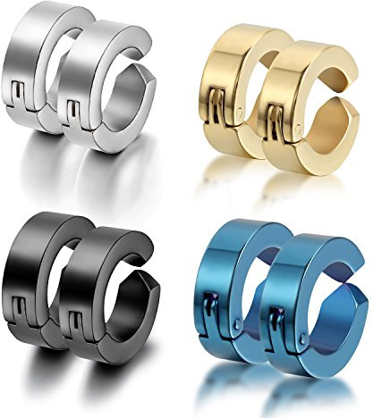 Cupimatch 4 Paare Edelstahl Ohrstecker ohne Ohrloch Tricolor Ohrclips Creolen Piercing Ohrschmuck Ohrringe für Damen und Herren,Schwarz Gold Silber Blau