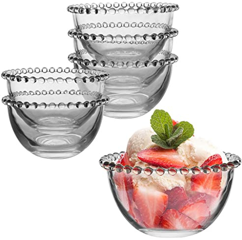 Dibor Set of 6 Glass Dessert Fruit Bowls with Beaded Edge | Hand Wash Only, Bella Perle, Glass Crockery