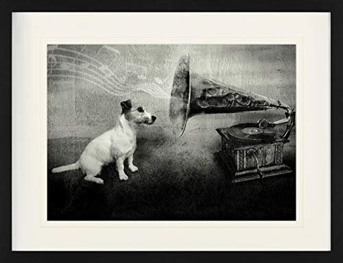 1art1 Hunde Poster His Master's Voice, Jack Russell Terrier Gerahmtes Bild Mit Edlem Passepartout | Wand-Bilder | Im Bilderrahmen 80x60 cm