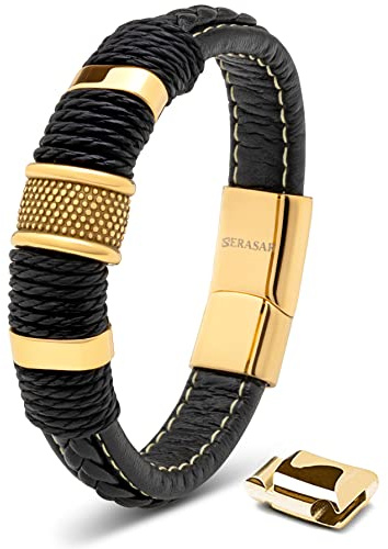 SERASAR Premium Lederarmband für Männer | Magnetverschluss aus Edelstahl in Schwarz, Silber & Gold | Inklusive Schmuckschachtel | Tolle Geschenkidee